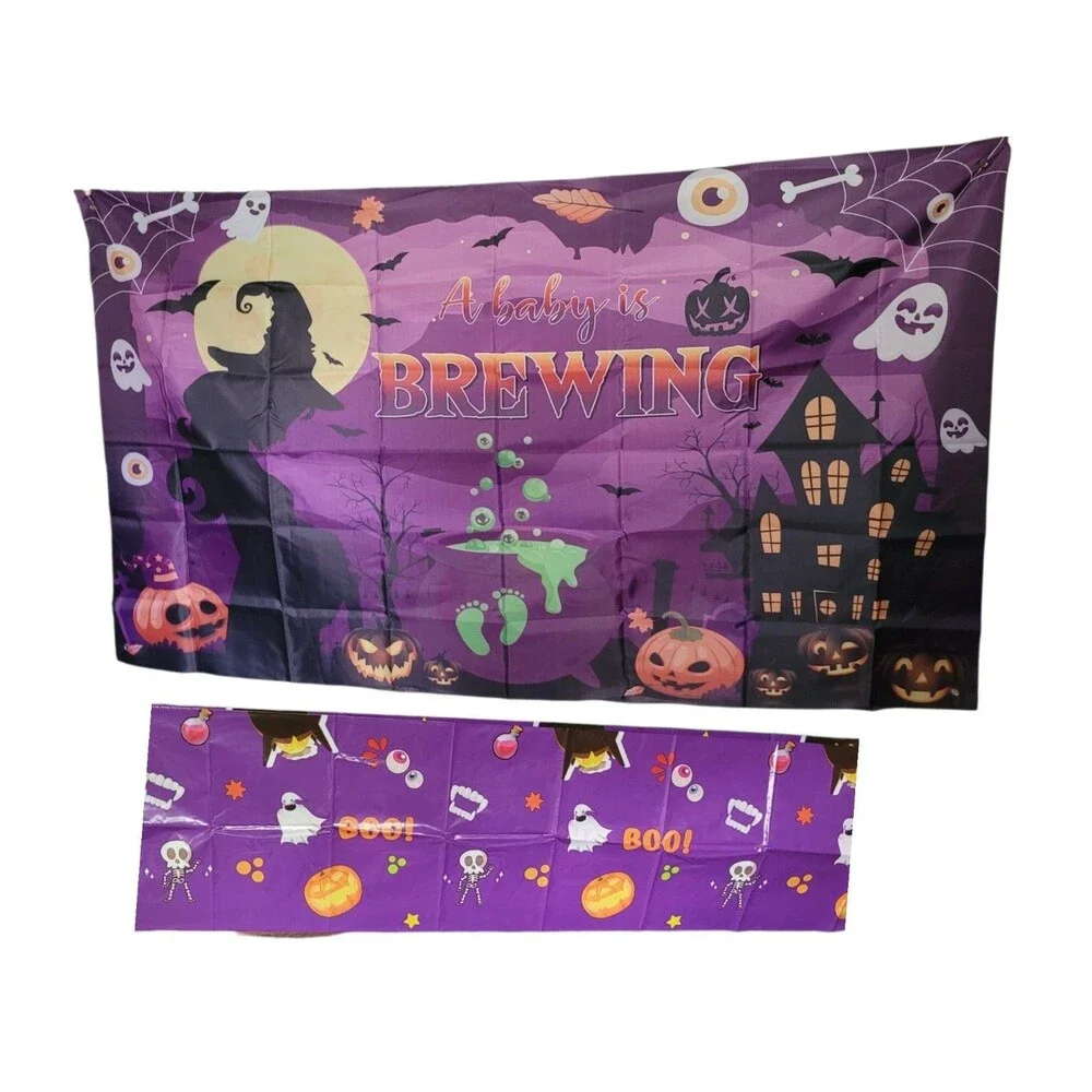 Halloween Baby Shower Decor Set Baby Is Brewing XL Banner & Rectangle Tablecloth